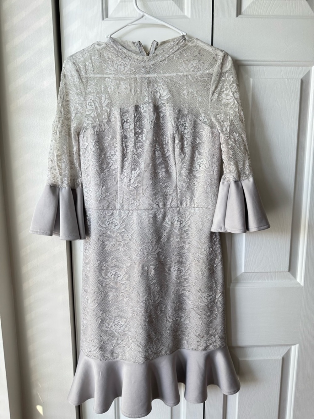 Chi Chi London Taupe Lace Ruffle-Hem Long Sleeve Dress